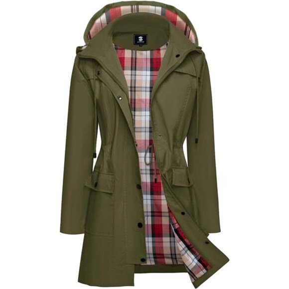 Women's Waterproof Rain Jacket Long Raincoat Hooded Windbreaker Trench Coat - Picture 3 of 7